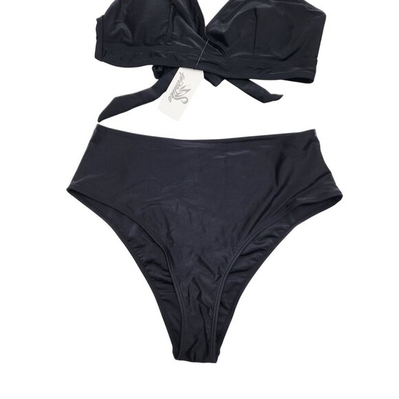 Womens Black Ruffle Bikini Set Tie-Front Top & High-Waisted Bottoms Size L - Picture 6 of 7